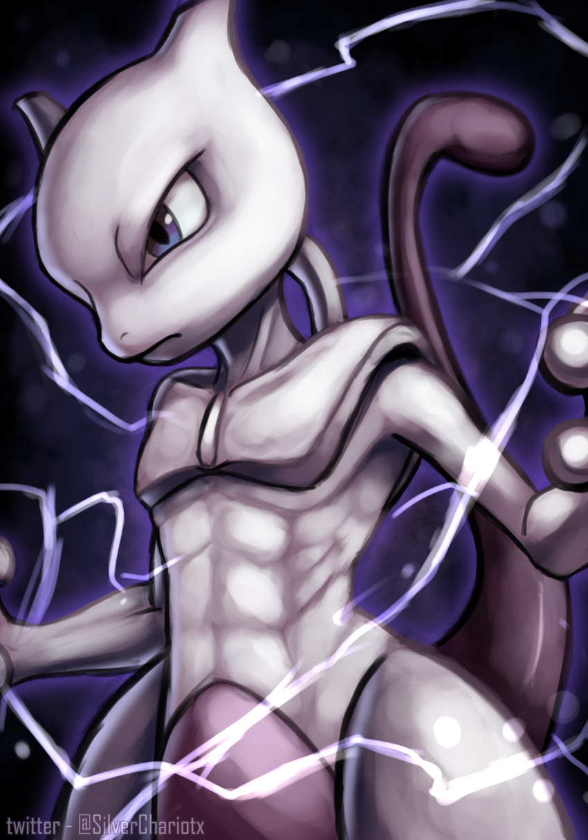 abs absurdres blue_eyes closed_mouth electricity highres mewtwo mixed-language_commentary pokemon pokemon_(creature) serious silverchariotx solo tail upper_body