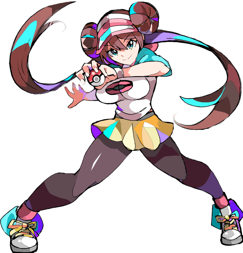 1girl black_legwear blue_eyes bow breasts brown_hair double_bun doughnut_hair_bun enpe highres legs legwear_under_shorts long_hair looking_at_viewer nintendo pantyhose pink_bow poke_ball poke_ball_print pokemon pokemon_(game) pokemon_bw2 raglan_sleeves rosa_(pokemon) shoes short_shorts shorts simple_background smile sneakers solo thighs twintails two-tone_headwear very_long_hair visor_cap yellow_shorts