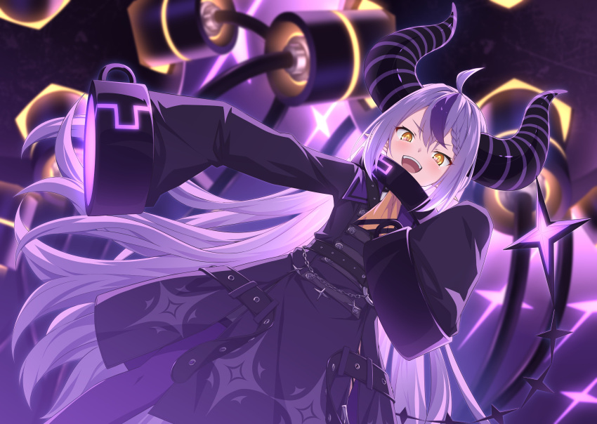 1girl :d absurdres ahoge ascot bangs black_dress blush collar commentary_request demon_horns dress eyebrows_visible_through_hair highres hololive horns la+_darknesss long_hair long_sleeves looking_at_viewer metal_collar multicolored_hair pointy_ears purple_hair purple_legwear silver_hair single_thighhigh sleeves_past_fingers sleeves_past_wrists smile solo streaked_hair tail tail_raised thigh-highs ugume very_long_hair virtual_youtuber wide_sleeves yellow_ascot yellow_eyes