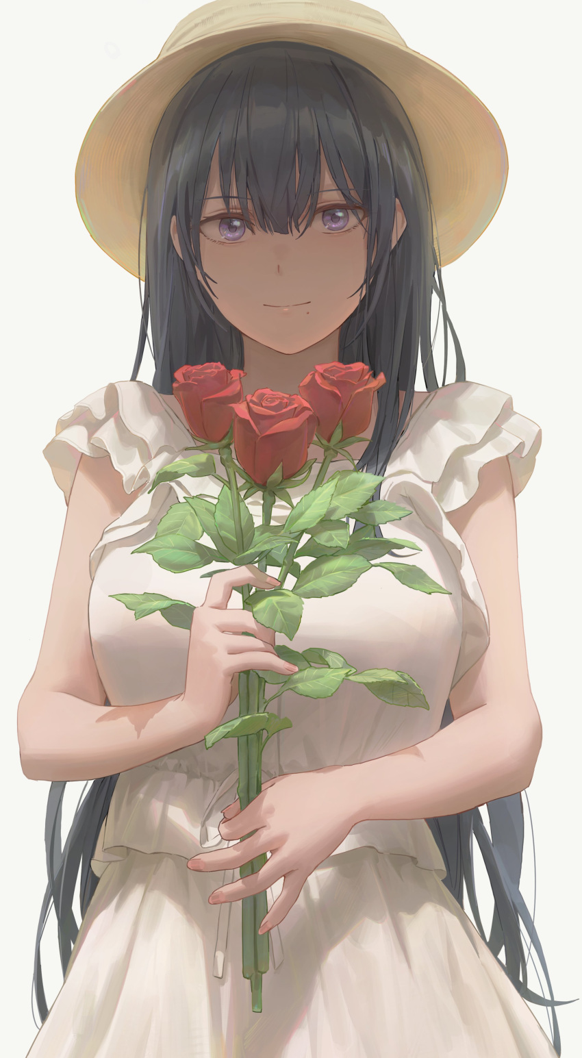 1girl absurdres bangs black_hair blush breasts dress flower free_style_(yohan1754) hat highres large_breasts long_hair looking_at_viewer mole mole_under_mouth original rose short_sleeves smile solo violet_eyes white_dress