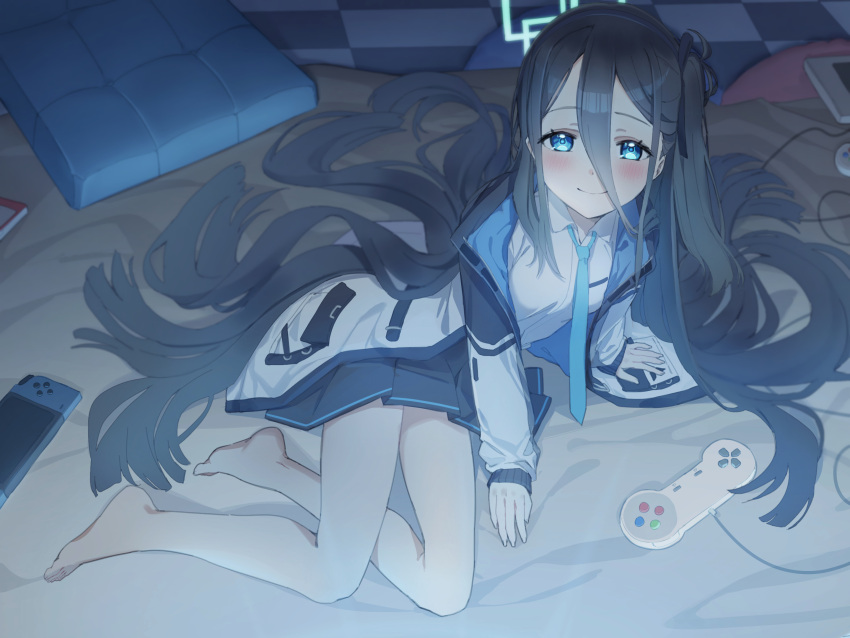 1girl applepie_(12711019) arisu_(blue_archive) arm_support bangs bare_legs barefoot black_hair black_skirt blanket blue_archive blue_eyes blue_necktie blush breast_pocket checkered_floor closed_mouth collared_shirt controller cushion full_body game_controller gamepad hair_between_eyes highres jacket long_hair long_sleeves looking_at_viewer necktie nintendo_switch open_clothes open_jacket pleated_skirt pocket shirt sitting skirt smile solo very_long_hair white_jacket white_shirt yokozuwari