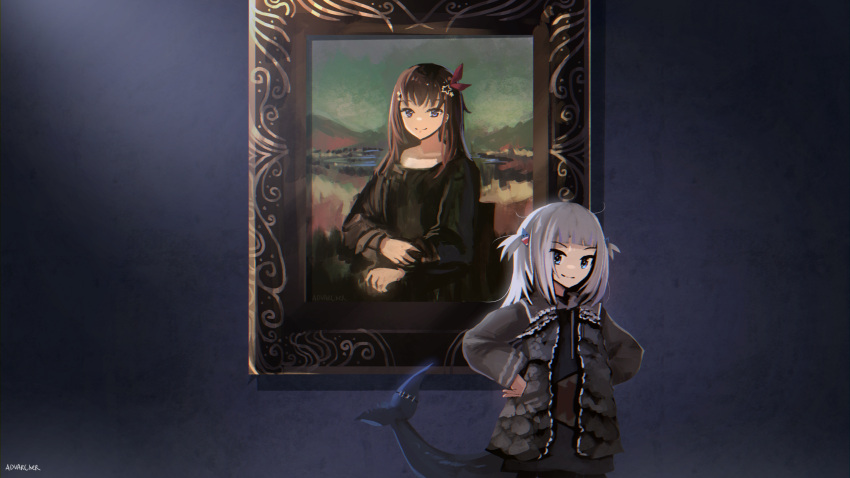 2girls anonamos artist_name blue_eyes brown_hair commentary fine_art_parody fish_tail gawr_gura grey_hair hair_ornament hands_on_hips highres hololive hololive_english long_hair long_sleeves looking_at_viewer medium_hair mona_lisa multiple_girls painting_(object) parody picture_frame shark_hair_ornament shark_tail smile standing stitches tail tokino_sora two_side_up virtual_youtuber