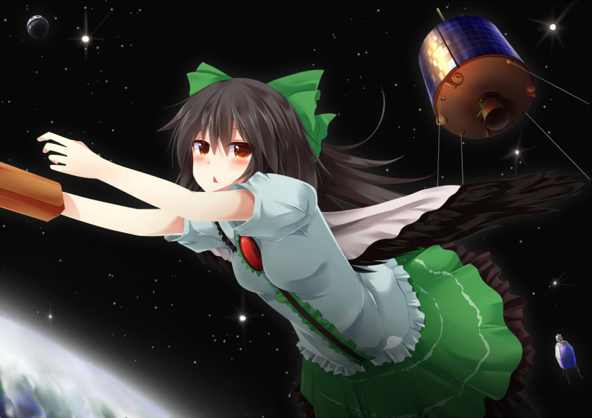 1girl arm_cannon bangs bird_wings black_hair black_wings blush bow breasts brown_eyes center_frills commentary_request cookie_(touhou) earth_(planet) eyebrows_visible_through_hair feet_out_of_frame flying frilled_skirt frills green_bow green_skirt hair_between_eyes hair_bow long_hair looking_at_viewer medium_breasts nadeko_(cookie) open_mouth planet puffy_short_sleeves puffy_sleeves reiuji_utsuho satellite shirt short_sleeves skirt solo space star_(sky) szk third_eye touhou weapon white_shirt wings
