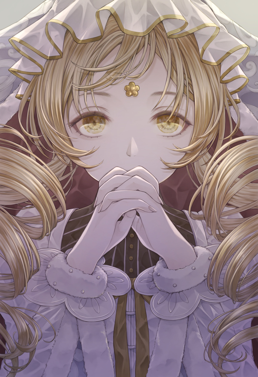 1girl absurdres bangs blonde_hair buttons close-up covering_mouth drill_hair expressionless eyelashes face fingernails fur-trimmed_sleeves fur_trim gold_trim grey_background hand_to_own_mouth hands_up highres holy_mami interlocked_fingers long_hair long_sleeves looking_at_viewer magia_record:_mahou_shoujo_madoka_magica_gaiden mahou_shoujo_madoka_magica own_hands_clasped own_hands_together pale_skin ribbon riri_(ririwaldorf) simple_background solo soul_gem striped swept_bangs tomoe_mami twin_drills upper_body veil yellow_eyes yellow_ribbon