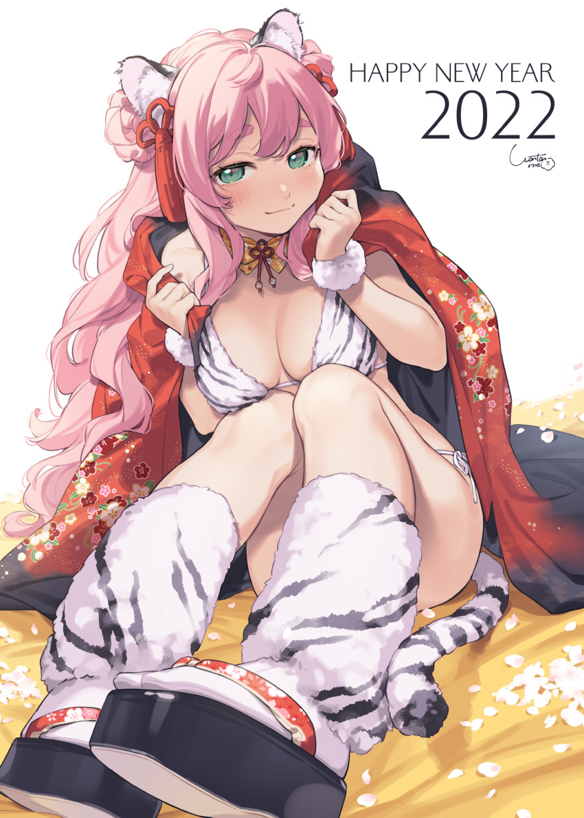 1girl 2022 animal_ears animal_print bikini breasts closed_mouth commentary_request floral_print green_eyes happy_new_year highres japanese_clothes kimono long_hair looking_at_viewer medium_breasts meo nengajou new_year original pink_hair print_bikini red_kimono simple_background sitting smile solo swimsuit tabi tail thick_eyebrows tiger_ears tiger_girl tiger_print tiger_tail white_background white_bikini
