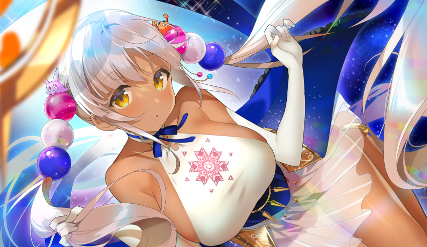 1girl :o bangs bare_shoulders blonde_hair blurry bow breasts crab_hair_ornament dark-skinned_female dark_skin depth_of_field elbow_gloves gloves hair_ornament hands_up highres hololive hololive_english kurot large_breasts long_hair looking_at_viewer open_mouth rabbit_hat revision sideboob sparkle starry_background tsukumo_sana twintails twitter_username virtual_youtuber white_hair yellow_eyes