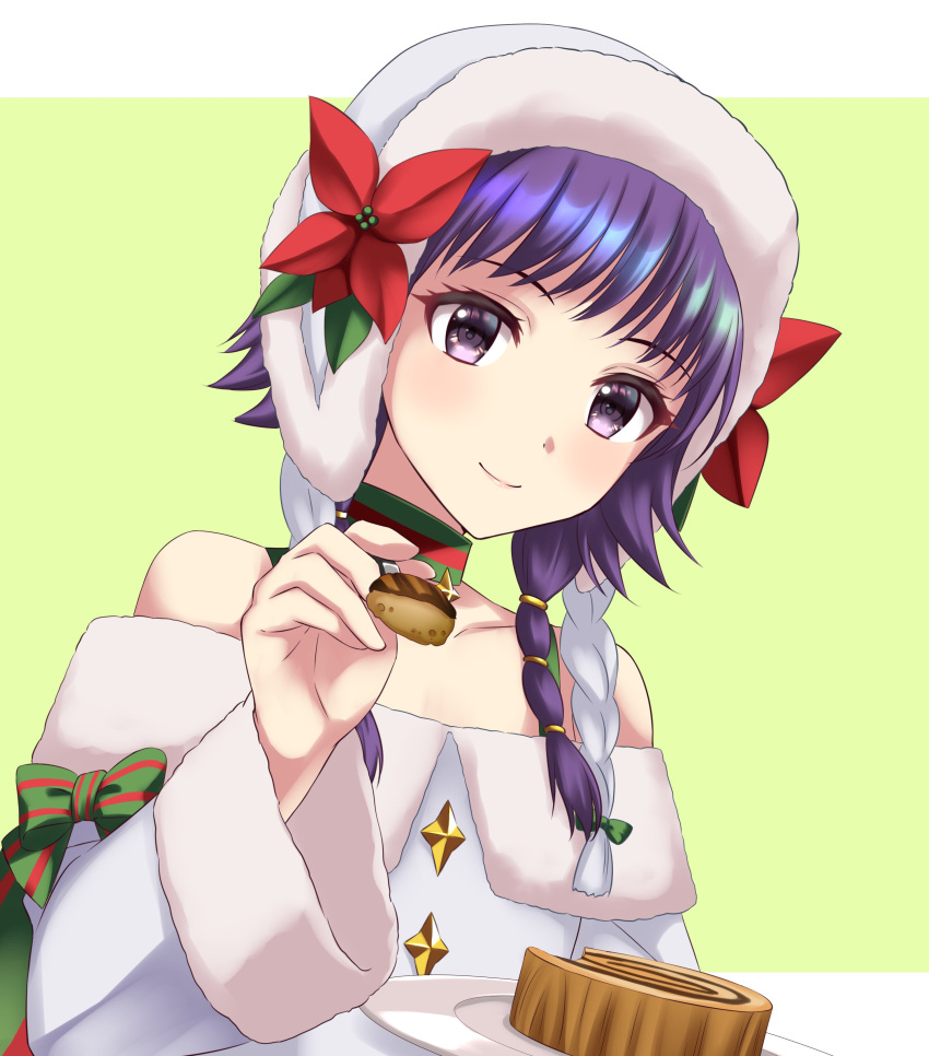 1girl absurdres bangs bare_shoulders cake cake_slice choker christmas fire_emblem fire_emblem:_the_sacred_stones fire_emblem_heroes flower food fork fur_trim highres holding holding_fork holding_plate kakiko210 long_sleeves looking_at_viewer low_twintails lute_(fire_emblem) off_shoulder official_alternate_costume plate purple_hair red_flower ribbon smile solo twintails upper_body violet_eyes white_headwear wide_sleeves