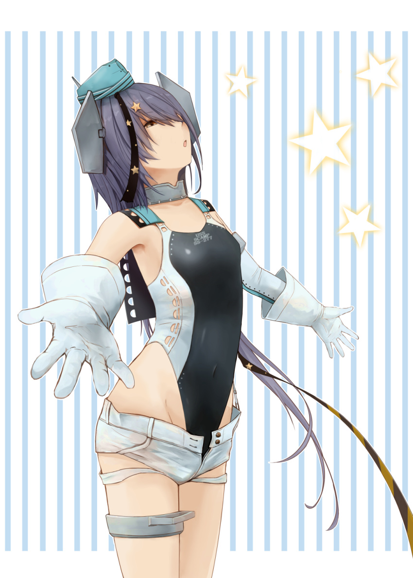 1girl aqua_headwear black_ribbon black_swimsuit commentary_request competition_swimsuit cowboy_shot foreshortening garrison_cap gloves grey_eyes grey_hair hair_ornament hair_ribbon hat highleg highleg_swimsuit highres kantai_collection long_hair looking_up miyasutou one-piece_swimsuit outstretched_arms ribbon scamp_(kancolle) short_shorts shorts side_ponytail solo star_(symbol) star_hair_ornament striped striped_background swimsuit white_background white_gloves white_shorts