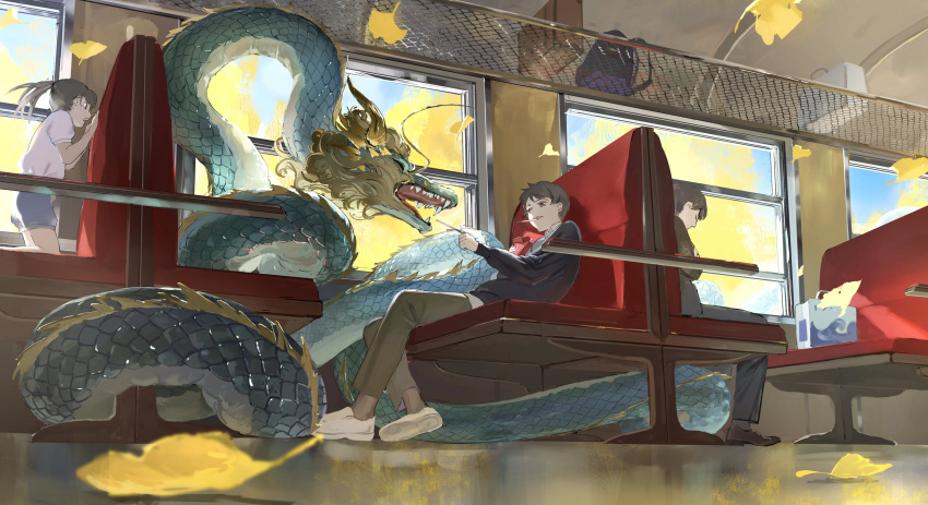 1girl 2boys absurdres autumn_leaves bag black_sweater brown_pants child dragon food hataya highres long_sleeves making-of_available mouth_hold multiple_boys original pants pocky shoes sitting smile sweater train_interior western_dragon white_footwear wide-eyed