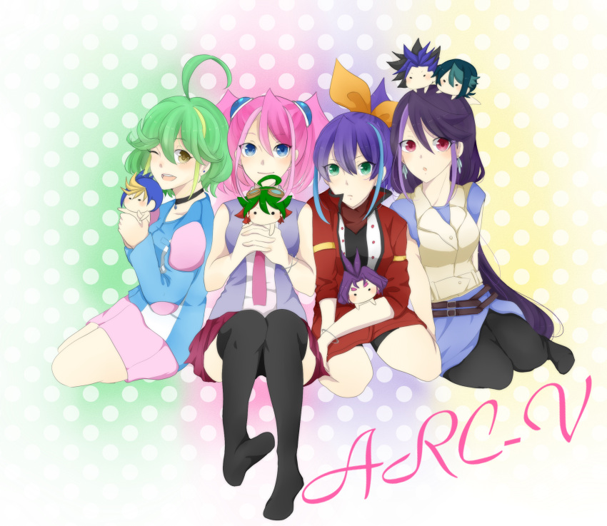 4girls :d ahoge belt blue_hair bow bracelet_girls choker closed_eyes earrings fingerless_gloves gloves green_eyes green_hair hair_bow hiiragi_yuzu jacket jewelry kurosaki_ruri kurosaki_shun multicolored_hair multiple_girls necktie open_mouth pink_eyes pink_hair ponytail purple_hair rin_(yuu-gi-ou_arc-v) sakaki_yuuya serena_(yuu-gi-ou_arc-v) short_twintails simple_background sleeveless smile twintails two-tone_hair white_background yellow_eyes yukimura_uni yuu-gi-ou yuu-gi-ou_arc-v yuugo_(yuu-gi-ou_arc-v) yuuri_(yuu-gi-ou_arc-v) yuuto_(yuu-gi-ou_arc-v) zipper