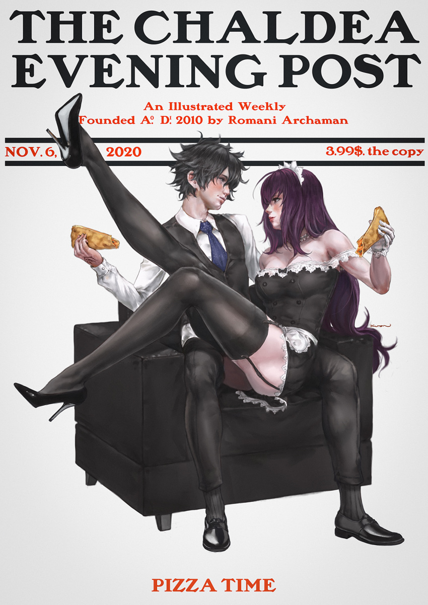 1boy 1girl alternate_costume apron armchair background_text black_footwear black_hair black_legwear blue_eyes blue_necktie chair choker command_spell cover fate/grand_order fate_(series) food formal fujimaru_ritsuka_(male) garter_straps highres kuon_(kwonchanji) leg_up long_hair looking_at_another magazine_cover maid_apron maid_headdress necktie pantyhose pizza purple_hair realistic scathach_(fate) shirt signature simple_background sitting sitting_on_lap sitting_on_person skirt socks spread_legs suit white_background white_shirt