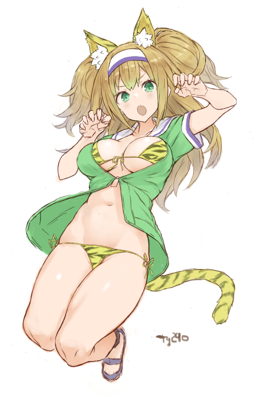 1girl absurdres animal_ears animal_print green_eyes green_shirt hairband highres i-26_(kancolle) kantai_collection light_brown_hair long_hair looking_at_viewer one-hour_drawing_challenge ryo_(tg290) sailor_collar sandals shirt short_sleeves simple_background solo tail tiger_ears tiger_print tiger_tail twintails two-tone_hairband two_side_up white_background white_sailor_collar