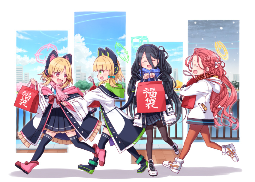 4girls :d ^_^ arisu_(blue_archive) bag bangs black_footwear black_hair black_legwear black_skirt blonde_hair blue_archive blue_bow blue_scarf blue_sky blush boots bow braid brown_legwear closed_eyes clouds cloudy_sky commentary_request day eye_contact eyebrows_visible_through_hair frilled_jacket frills fringe_trim fur-trimmed_boots fur_trim green_eyes hair_between_eyes hair_bow halo harada_(sansei_rain) highres holding holding_bag hood hood_down hooded_jacket jacket long_hair long_sleeves looking_at_another midori_(blue_archive) momoi_(blue_archive) multiple_girls object_hug off_shoulder open_clothes open_jacket pantyhose paper_bag pink_footwear pink_scarf plaid plaid_scarf pleated_skirt profile railing red_bow red_eyes red_scarf redhead scarf shirt shoes skirt sky sleeves_past_wrists smile snowing thigh-highs v-shaped_eyebrows very_long_hair water white_bow white_footwear white_jacket white_shirt wide_sleeves yellow_scarf yuzu_(blue_archive)