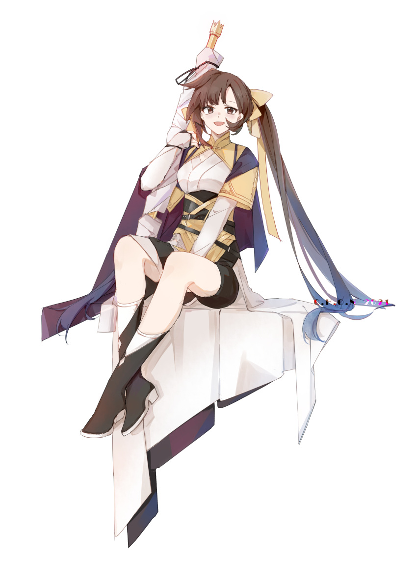 1girl :d absurdres bangs black_footwear black_shorts boots bow brown_eyes brown_hair chinese_clothes chon_(klliaytong) full_body hair_bow highres holding holding_staff honkai_(series) honkai_impact_3rd li_sushang long_hair long_sleeves looking_at_viewer open_mouth shorts sitting smile staff twintails