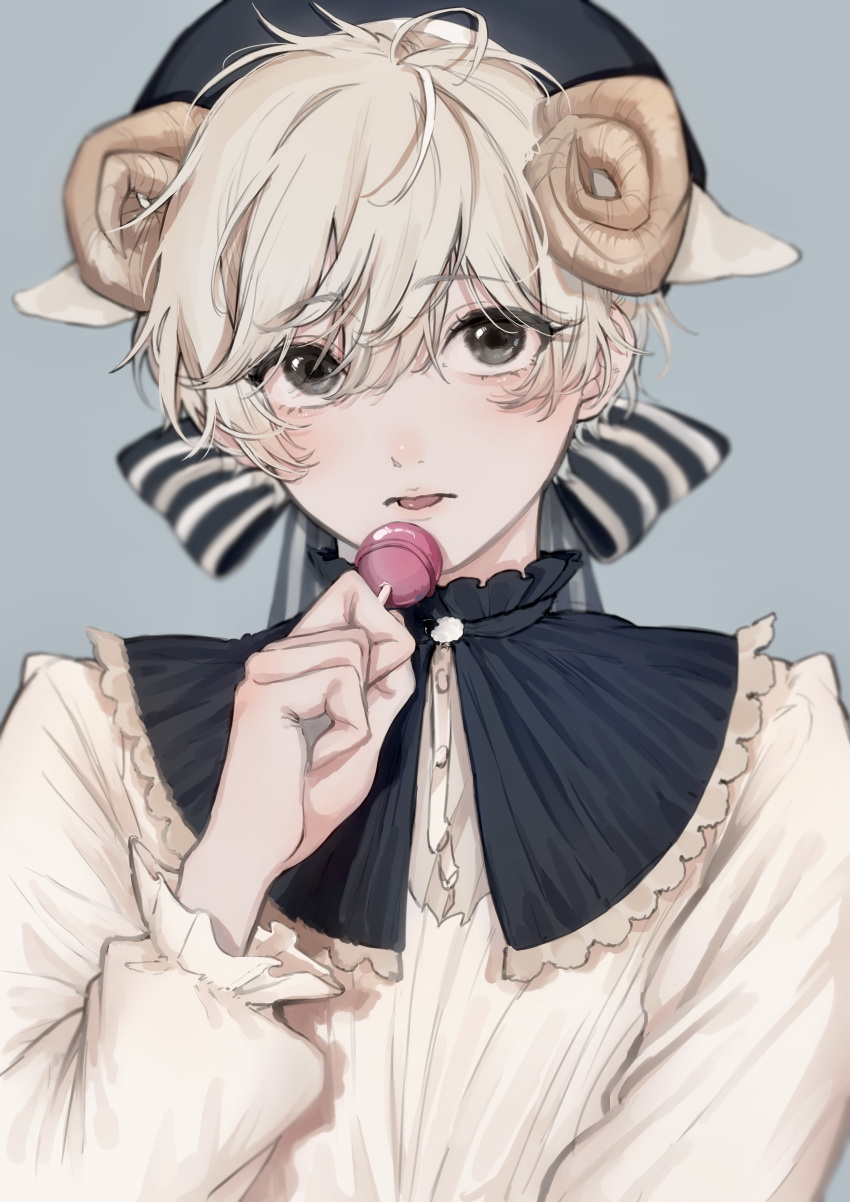 1boy absurdres animal_ears blonde_hair bow candy food grey_eyes hat highres horns lollipop looking_to_the_side male_focus original pale_skin ribbon sheep sheep_boy sheep_ears sheep_horns white_xxxx