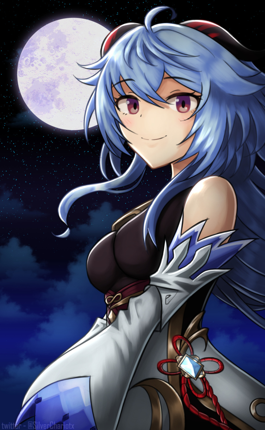1girl absurdres bare_shoulders bell blue_hair blush breasts chinese_knot closed_mouth detached_sleeves full_moon ganyu_(genshin_impact) genshin_impact highres horns long_hair looking_at_viewer mixed-language_commentary moon multicolored_eyes neck_bell night night_sky red_eyes silverchariotx sky smile solo star_(sky) starry_sky violet_eyes