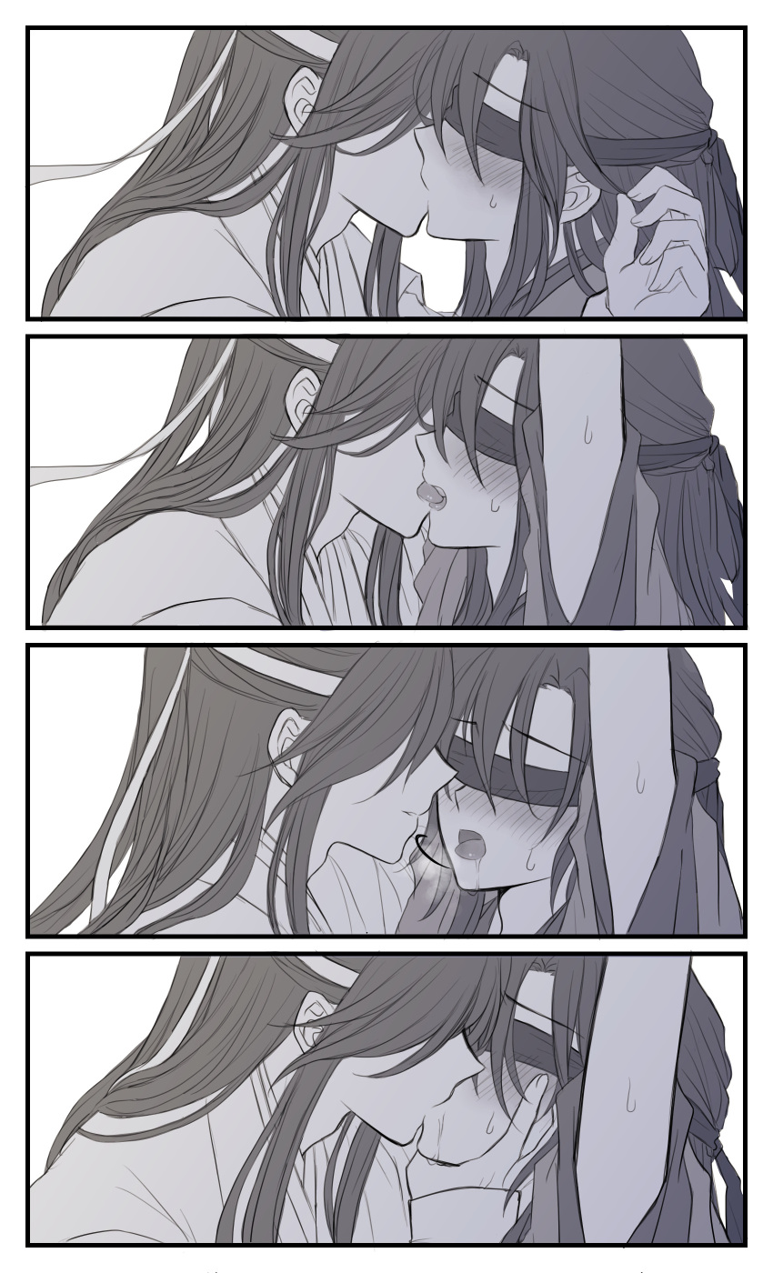 absurdres apple_trees blindfold blush character_request commentary_request eyebrows_visible_through_hair french_kiss gender_request highres kiss long_hair mo_dao_zu_shi sweat sweatdrop tagme tongue tongue_out