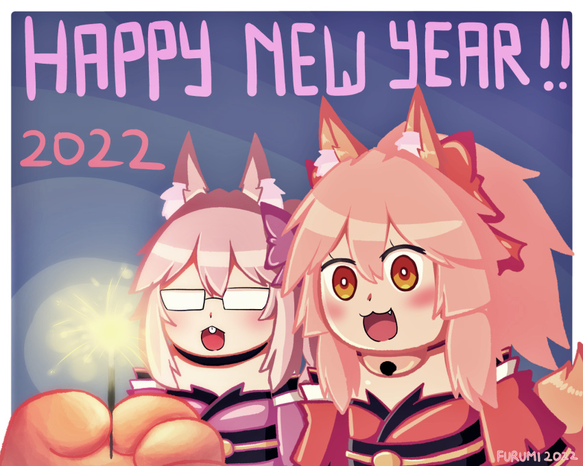 2022 3girls animal_ear_fluff animal_ears animal_hands bare_shoulders bell blush bow cat_paws choker collar commentary detached_sleeves english_commentary english_text fang fate/grand_order fate_(series) fox_ears fox_girl fox_tail glasses gloves grey-framed_eyewear hair_ribbon happy_new_year highres jingle_bell keita_naruzawa koyanskaya_(fate) long_hair minigirl multiple_girls neck_bell new_year open_mouth out_of_frame paw_gloves pink_bow pink_hair pink_ribbon ponytail red_ribbon ribbon ribbon_choker side_ponytail tail tamamo_(fate) tamamo_cat_(fate) yellow_eyes