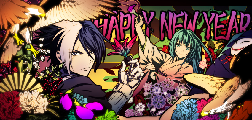 1boy 1girl bird blue_eyes brush eagle gloves happy_new_year isolde_(kof) japanese_clothes kimono looking_at_viewer multicolored_hair nameless_(kof) new_year official_art scar scar_on_cheek scar_on_face snk split-color_hair the_king_of_fighters the_king_of_fighters_2002