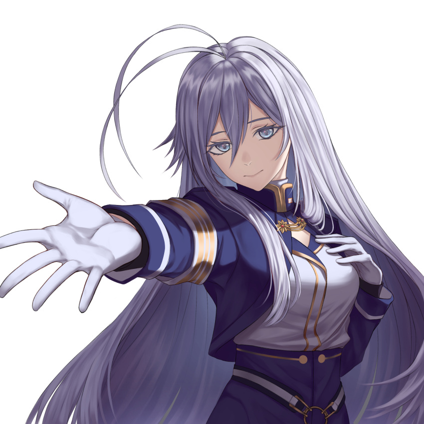 1girl 86_-eightysix- absurdres antenna_hair azureol bangs blue_eyes blue_jacket blue_skirt breasts closed_mouth eyelashes gloves hair_between_eyes high-waist_skirt highres jacket long_hair long_sleeves looking_at_viewer medium_breasts military military_uniform outstretched_arm outstretched_hand reaching_out shiny shiny_hair shirt silver_hair simple_background skirt solo standing straight_hair uniform upper_body very_long_hair vladilena_millize white_background white_gloves white_shirt
