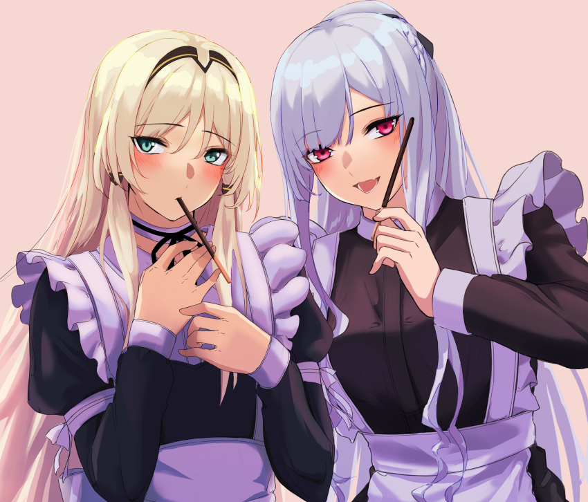 2girls 3_small_spiders absurdres ak-12_(girls'_frontline) alternate_costume an-94_(girls'_frontline) aqua_eyes bangs blonde_hair blush braid closed_mouth eyebrows_visible_through_hair food french_braid girls_frontline hair_between_eyes hair_ornament hairband hairclip highres holding holding_food holding_pocky long_hair looking_at_viewer maid multiple_girls open_mouth pink_background pocky pocky_day silver_hair smile upper_body violet_eyes