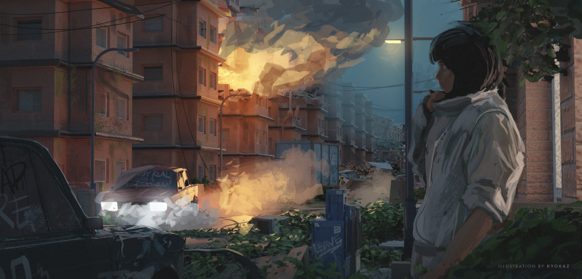 1girl artist_name blue_sky brown_hair building car closed_mouth commentary dusk english_text faiz_azhar fire ground_vehicle hand_up highres jacket lamppost motor_vehicle original outdoors overgrown profile rubber_duck short_hair sky sleeve_rolled_up smoke solo upper_body white_jacket