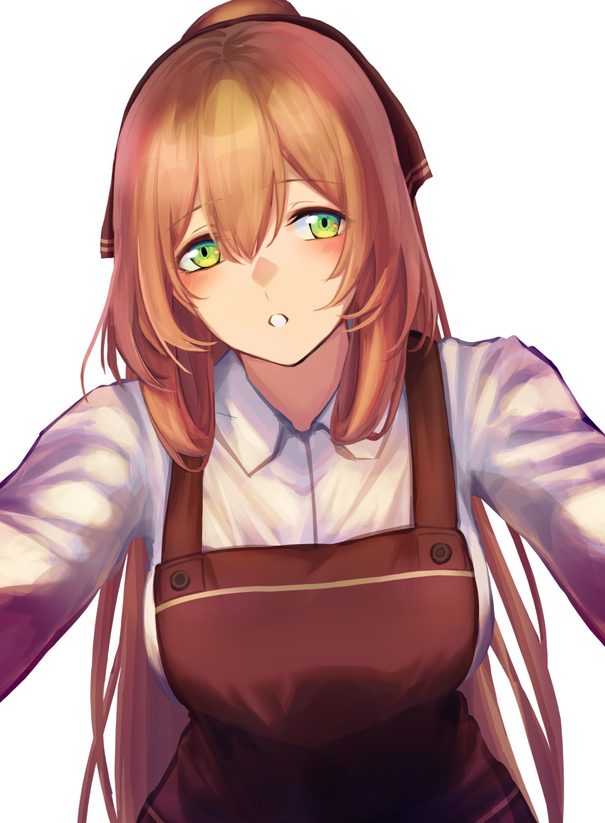 1girl 3_small_spiders :o absurdres alternate_costume apron bangs blush breasts brown_apron brown_ribbon eyebrows_visible_through_hair girls_frontline green_eyes hair_between_eyes hair_ribbon highres leaning_forward long_hair looking_at_viewer open_mouth orange_hair ponytail ribbon shirt solo springfield_(girls'_frontline) upper_body white_background white_shirt