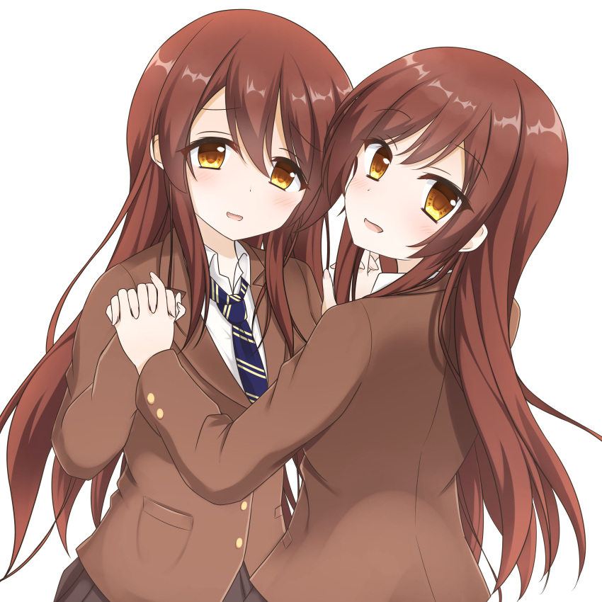 2girls absurdres beige_sweater blue_neckwear brown_eyes brown_hair collared_shirt eyebrows_visible_through_hair from_above gradient gradient_background grey_jacket hair_between_eyes hands_clasped highres idolmaster idolmaster_shiny_colors jacket long_hair looking_at_viewer multiple_girls one_eye_closed oosaki_amana oosaki_tenka open_mouth own_hands_together plaid plaid_skirt pleated_skirt school_uniform shirt siblings sidelocks skirt standing straight_hair striped striped_neckwear tokufumi twins umineko_illust white_shirt