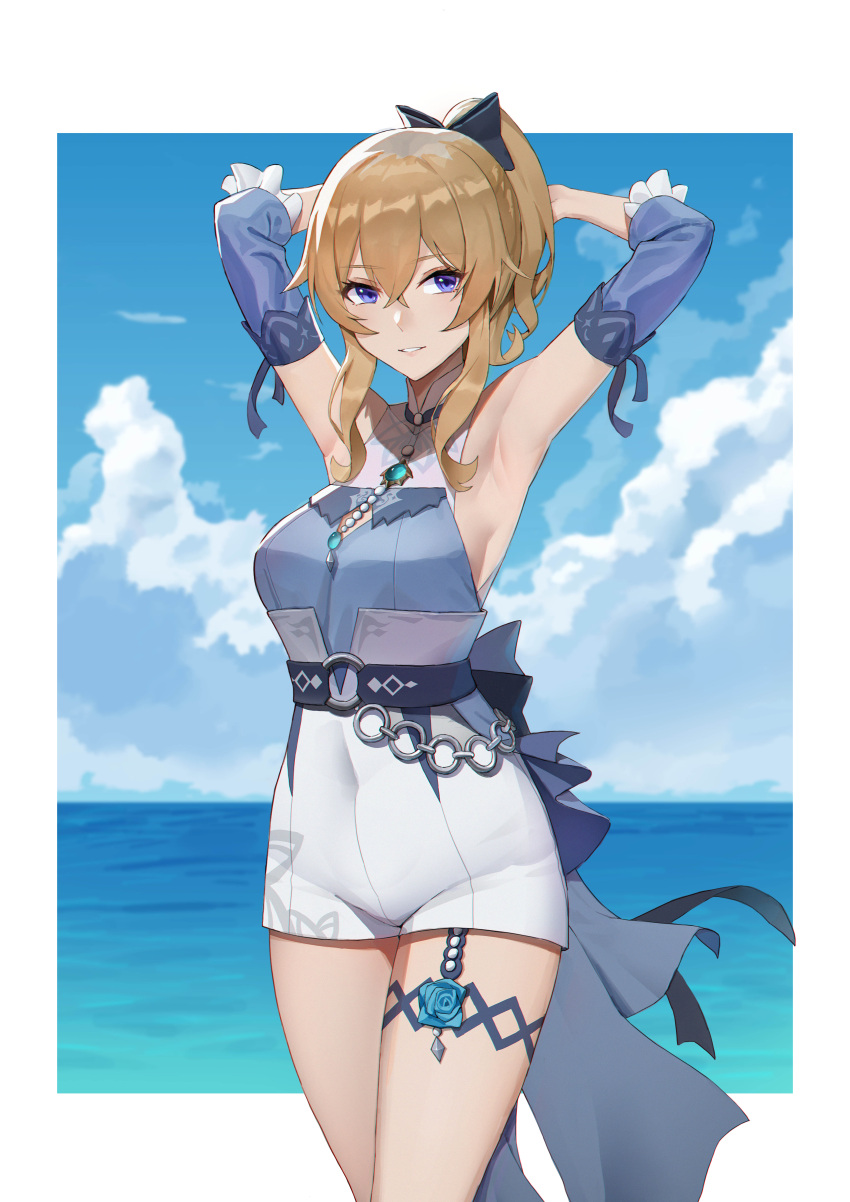 1girl absurdres armpits arms_up blonde_hair blouse blue_eyes blue_flower blue_rose blue_sky bow breasts casual day detached_sleeves flower freedomexvss genshin_impact hair_bow highres jean_(genshin_impact) jean_(sea_breeze_dandelion)_(genshin_impact) legs looking_at_viewer medium_breasts ocean ponytail rose shirt shorts sideboob sky sleeveless sleeveless_shirt smile white_shorts