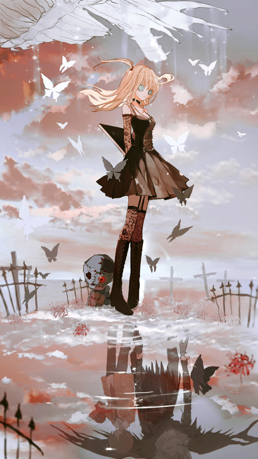 1girl 2boys absurdres amane_misa arms_behind_back asahiro black_choker black_dress black_gloves black_legwear blonde_hair boots brown_footwear bug butterfly button_eyes choker closed_mouth clouds commentary_request cross cross_necklace death_note different_reflection dress elbow_gloves full_body garter_straps gloves highres jewelry knee_boots lace lace_gloves lace_legwear long_hair multiple_boys necklace outdoors railing reflection ryuk sleeveless sleeveless_dress thigh-highs two_side_up white_butterfly yagami_light