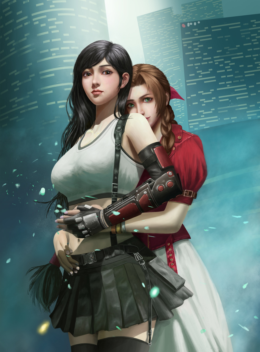 2girls absurdres aerith_gainsborough arm_guards black_hair bow brown_eyes brown_hair city crop_top dress final_fantasy final_fantasy_vii final_fantasy_vii_remake fingerless_gloves gloves green_eyes hair_bow highres holding_hands hug hug_from_behind jacket long_hair looking_at_viewer low-tied_long_hair multiple_girls navel pleated_skirt red_jacket skirt stomach suspenders tifa_lockhart xixifusi