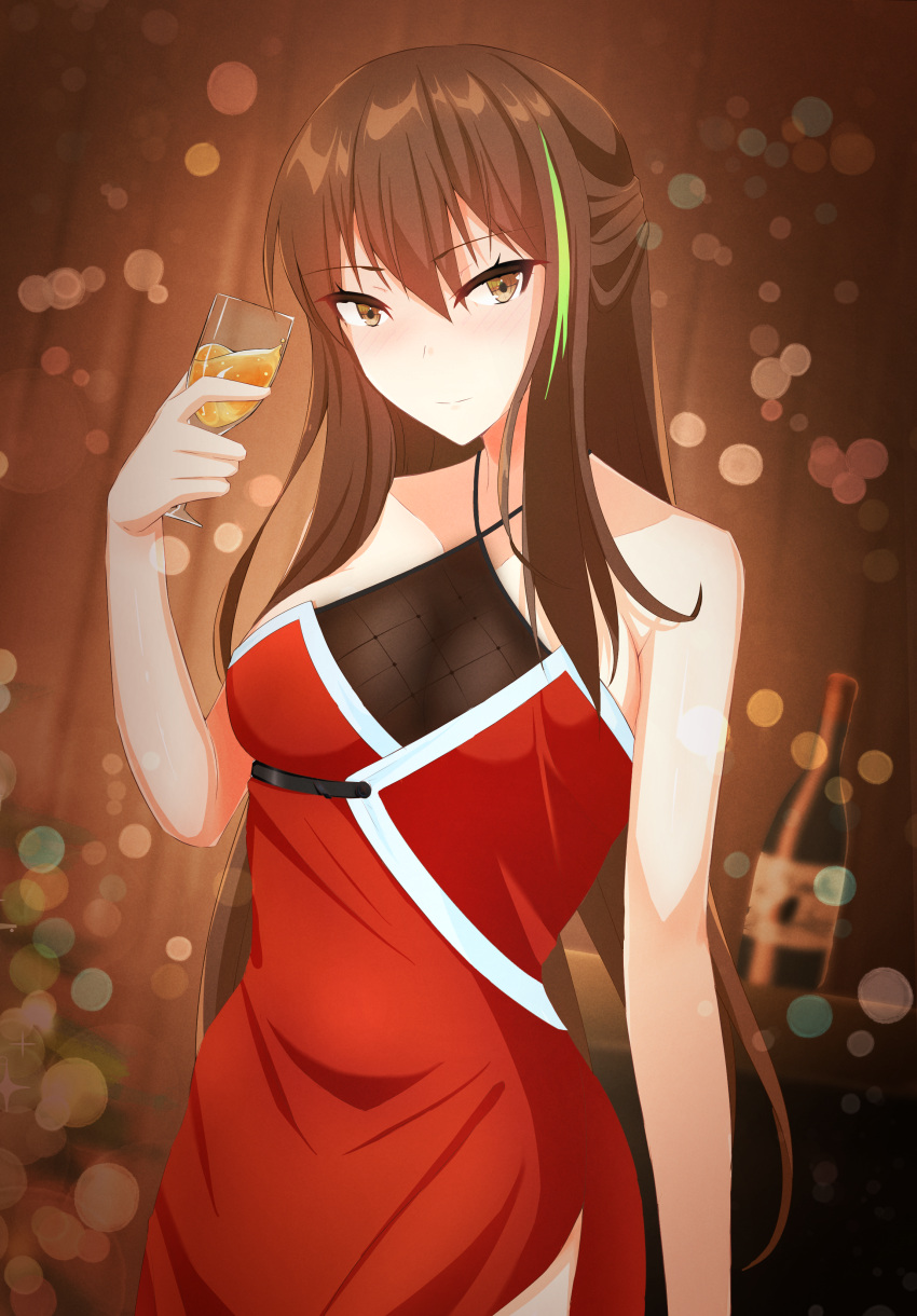 1girl absurdres black_gloves black_shorts breasts brown_eyes brown_hair closed_mouth eyebrows_visible_through_hair feet_out_of_frame girls_frontline gloves green_shirt grey_background hand_on_back hand_on_breast highres long_hair looking_at_viewer lynaxen m4a1_(girls_frontline) medium_breasts multicolored_hair navel open_clothes open_shorts santa_costume shirt shorts solo