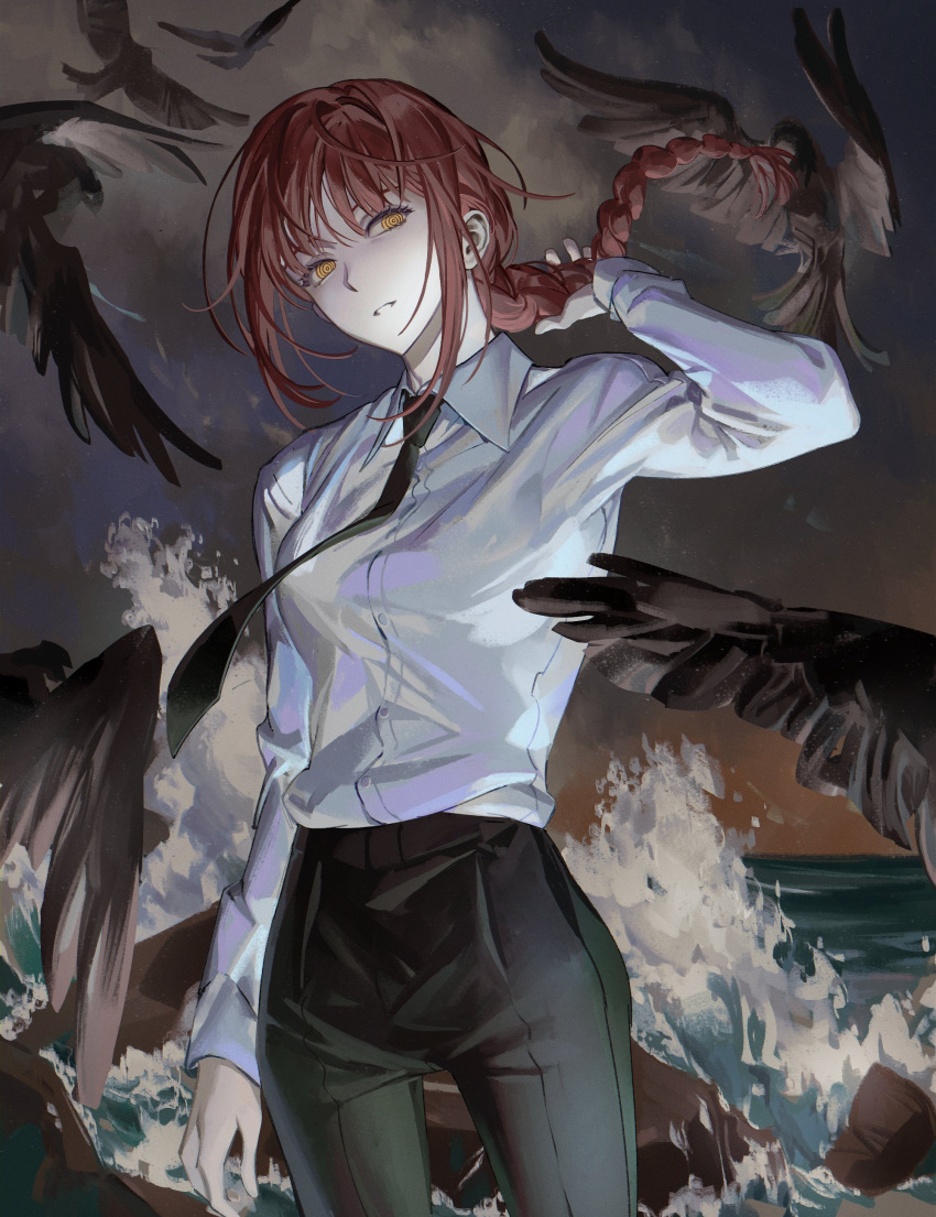 1girl absurdres bangs bird black_necktie black_pants blunt_bangs braid buttons chainsaw_man clouds collared_shirt cowboy_shot crow flying formal grey_sky hand_up high-waist_pants highres holding holding_hair long_hair looking_to_the_side makima_(chainsaw_man) necktie ocean outdoors pants parted_lips redhead ringed_eyes rock shirt sidelocks single_braid sky solo standing suit water white_shirt yellow_eyes zzom_b