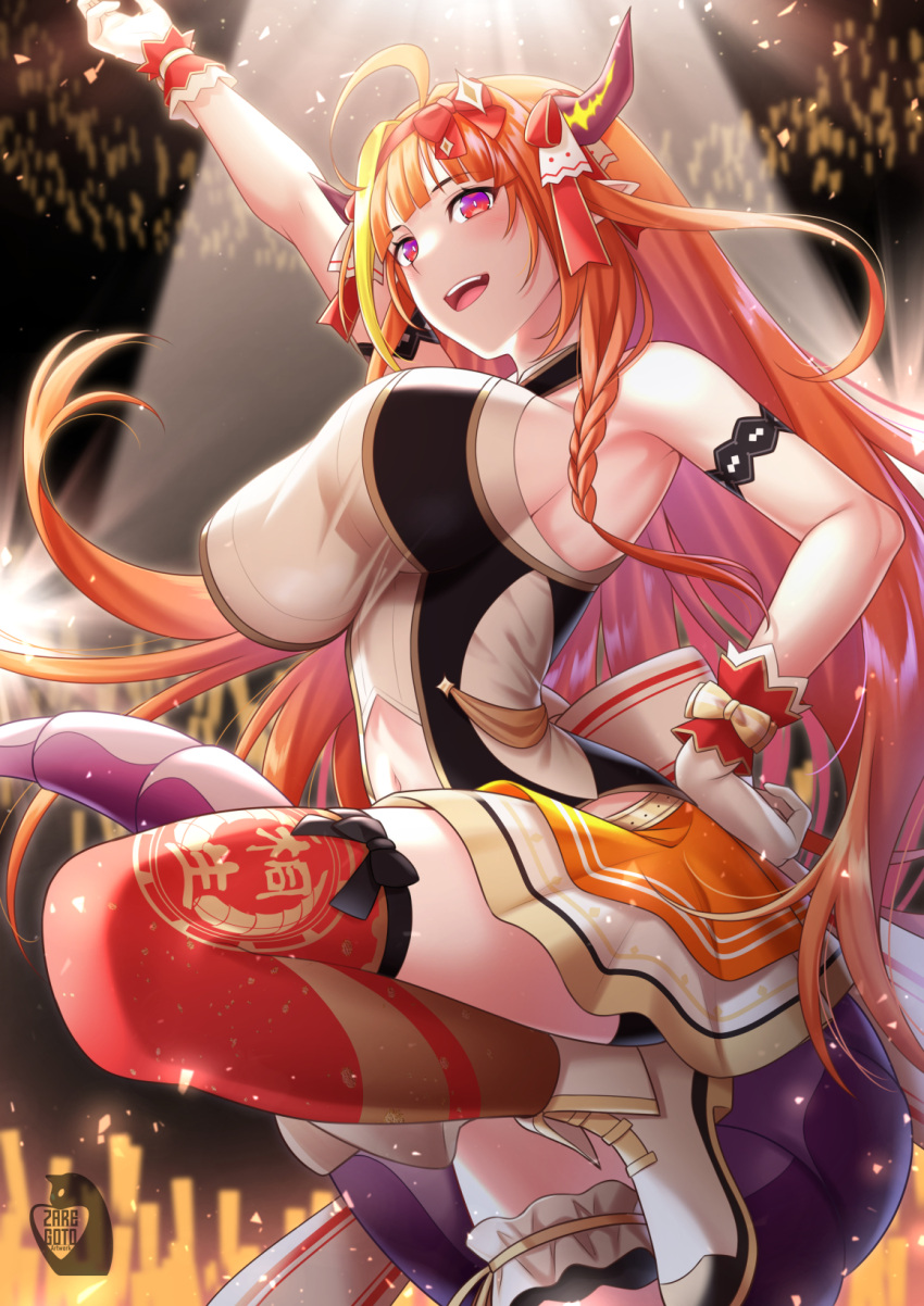 1girl :d ahoge armband armpits bangs bare_shoulders blunt_bangs bow breasts dragon_girl dragon_horns dragon_tail dutch_angle gloves highres hololive horn_bow horn_ornament horns idol kiryu_coco large_breasts leg_up long_hair looking_at_viewer orange_hair pointy_ears red_eyes red_legwear smile solo spotlight tail taut_clothes thigh-highs virtual_youtuber white_gloves zaregoto_tsukai_no_deshi