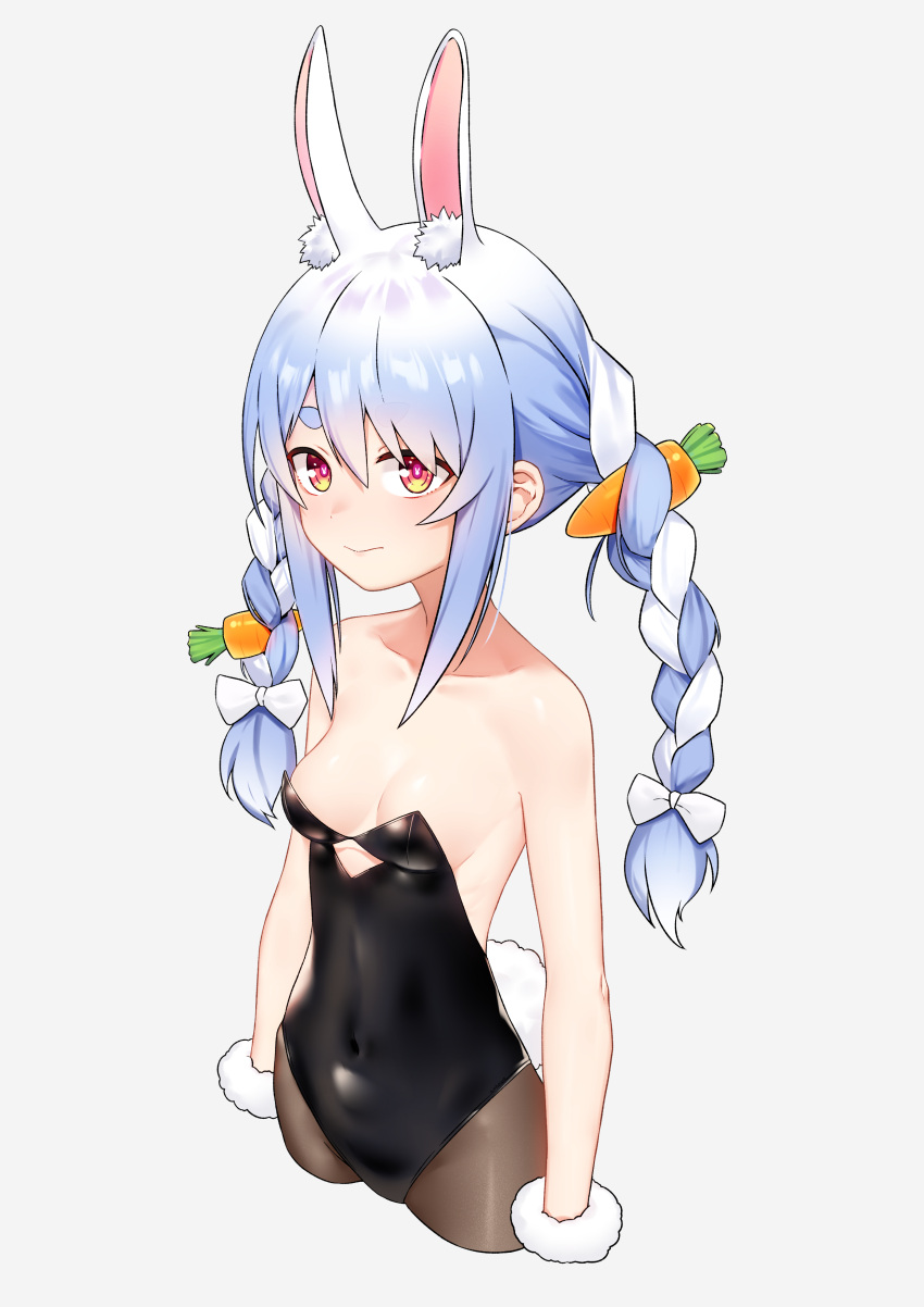 1girl absurdres animal_ears artpatient bangs bare_arms bare_shoulders black_legwear black_leotard blue_hair blush braid breasts bunny-shaped_pupils carrot_hair_ornament closed_mouth commentary covered_navel cropped_legs cutout_above_navel english_commentary food-themed_hair_ornament hair_ornament highres hikimayu hololive leotard long_hair looking_at_viewer multicolored_hair orange_eyes pantyhose playboy_bunny rabbit_ears rabbit_girl rabbit_tail short_eyebrows simple_background small_breasts solo strapless strapless_leotard swept_bangs symbol-shaped_pupils tail thick_eyebrows twin_braids twintails two-tone_hair usada_pekora virtual_youtuber white_background white_hair