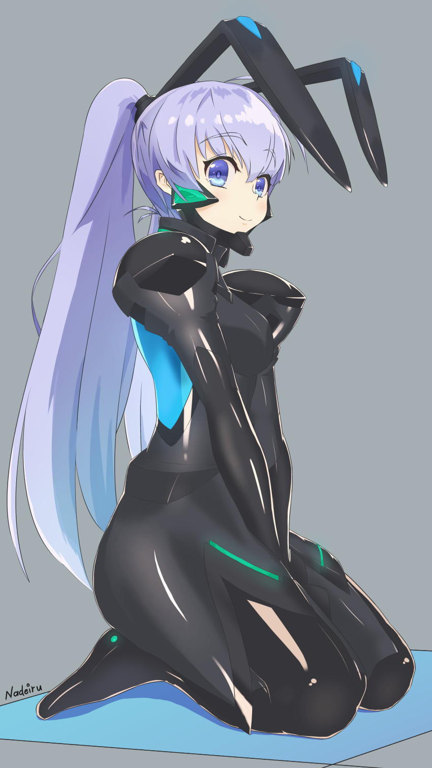 1girl absurdres artist_name bangs black_bodysuit blue_eyes bodysuit breasts eyebrows_visible_through_hair fortified_suit grey_background hair_behind_ear highres juliet_sleeves kneeling long_hair long_sleeves looking_at_viewer muvluv muvluv_alternative nadei_ru puffy_sleeves silver_hair skin_tight small_breasts smile solo twintails yashiro_kasumi