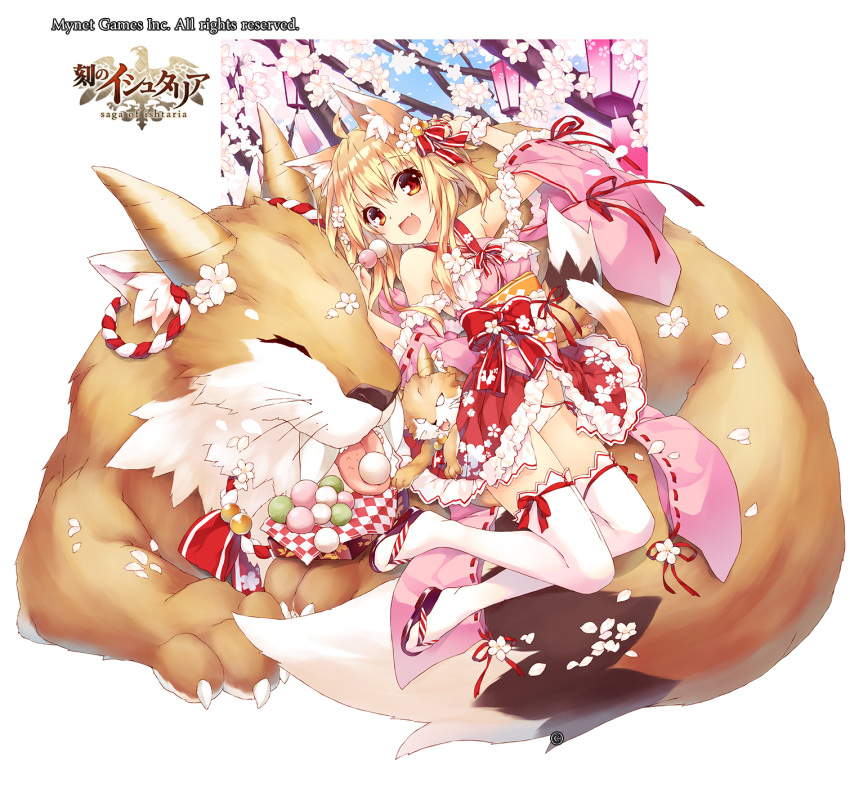 1girl :d age_of_ishtaria ahoge animal animal_ear_fluff animal_ears bangs bell blonde_hair bow cherry_blossoms copyright detached_sleeves dress eating fang flower frilled_dress frills hair_bell hair_between_eyes hair_bow hair_flower hair_ornament highres japanese_clothes looking_at_viewer medium_hair official_art orange_eyes panties pantyshot pink_dress red_bow red_skirt saeki_touma side-tie_panties skirt smile solo tail thigh-highs underwear white_legwear white_panties