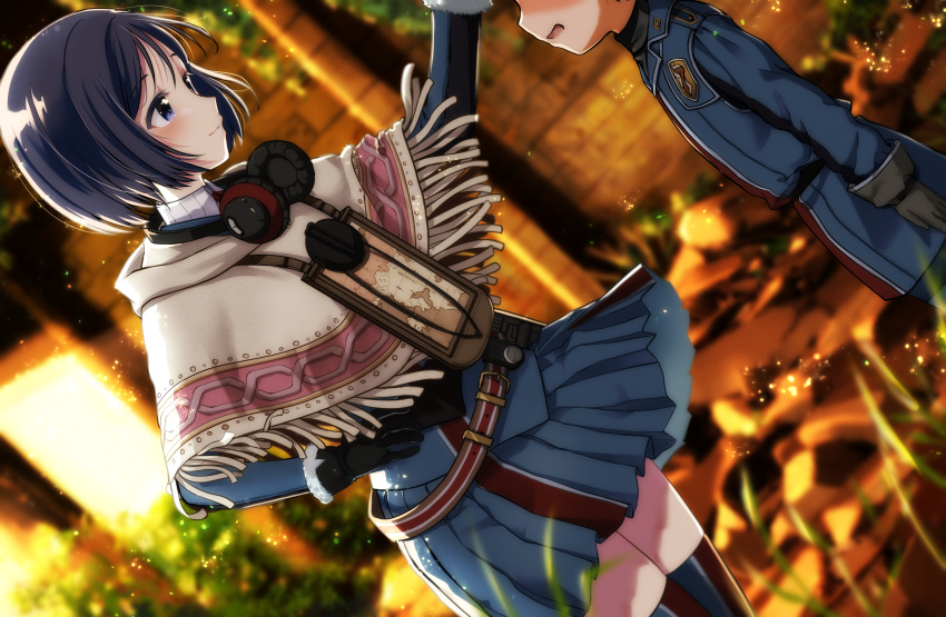 1boy 1girl absurdres age_difference belt belt_pouch blue_eyes blue_hair blurry blurry_background blurry_foreground dutch_angle fur_trim gloves grass headpat headphones headphones_around_neck height_difference highres isara_gunther light_particles map military military_uniform pleated_skirt pouch rubble senjou_no_valkyria_(series) senjou_no_valkyria_1 shawl short_hair skirt smile stone_wall sunlight thigh-highs uniform wall