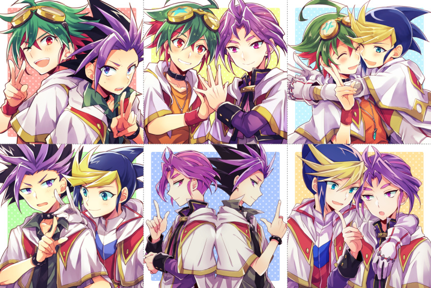 &gt;_o 4boys :o ^_^ arm_around_shoulder arms_around_neck back-to-back bangs black_hair blonde_hair blue_eyes blue_hair borrowed_garments closed_eyes collage collar forked_eyebrows gloves goggles goggles_on_head green_hair half-closed_eyes hand_on_another's_chin hug index_finger_raised jewelry mikami_(mkm0v0) multicolored_hair multiple_boys necklace one_eye_closed purple_hair red_eyes redhead sakaki_yuuya simple_background smile spiked_collar spikes spiky_hair translation_request two-tone_hair upper_body v violet_eyes white_gloves yu-gi-oh! yu-gi-oh!_arc-v yuugo_(yu-gi-oh!) yuuri_(yu-gi-oh!) yuuto_(yu-gi-oh!)