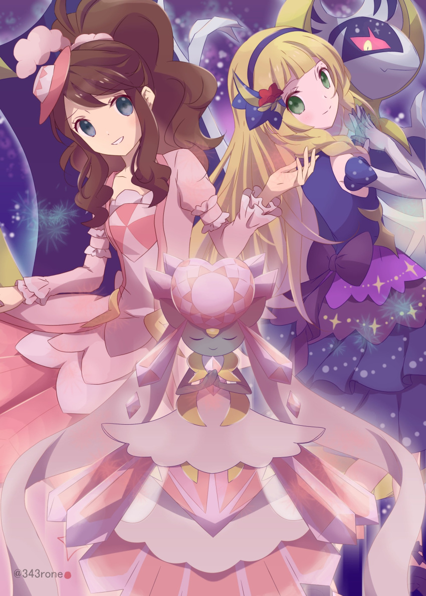 2girls 343rone absurdres antenna_hair arm_garter bangs blonde_hair brown_hair closed_mouth commentary_request diancie dress elbow_gloves eyelashes frills gloves green_eyes grey_eyes hairband hat high_ponytail highres hilda_(pokemon) lillie_(pokemon) long_hair long_sleeves looking_at_viewer lunala mega_diancie mega_pokemon mini_hat multiple_girls official_alternate_costume parted_lips pink_dress pink_headwear pokemon pokemon_(creature) pokemon_(game) pokemon_masters_ex sidelocks smile tied_hair twitter_username