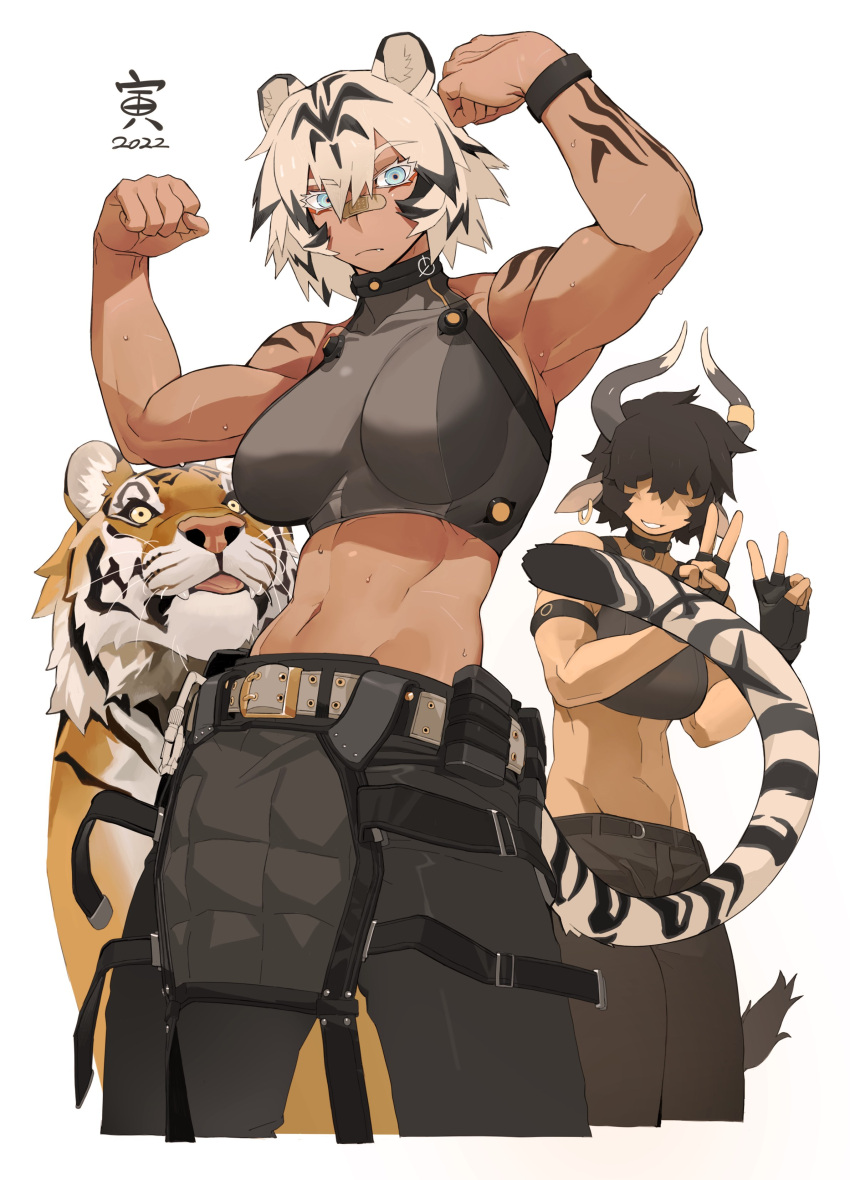 2022 2girls absurdres animal_ears armband armpits bandaid belt belt_buckle blue_eyes buckle chinese_zodiac collar cow_ears cow_girl cow_horns cowboy_shot dated eyebrows_visible_through_hair fang fingerless_gloves flexing gloves hair_over_eyes highres horns knifedragon looking_at_viewer midriff multiple_girls muscular muscular_female navel original pants parted_lips pose short_hair simple_background sleeveless sweat tail teeth tiger tiger_ears tiger_girl tiger_tail v white_background year_of_the_tiger