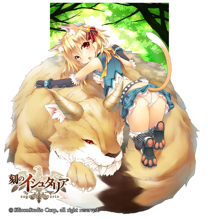 1girl :o age_of_ishtaria animal animal_ear_fluff animal_ears bangs blonde_hair blue_skirt bow breasts clothes_lift copyright eyebrows_visible_through_hair from_behind guna_(age_of_ishtaria) hair_between_eyes hair_bow highres looking_at_viewer looking_back lying medium_hair miniskirt official_art on_stomach orange_eyes panties paw_print_soles pleated_skirt saeki_touma skirt skirt_lift small_breasts solo tail tail_lift tail_raised under_boob underwear white_panties