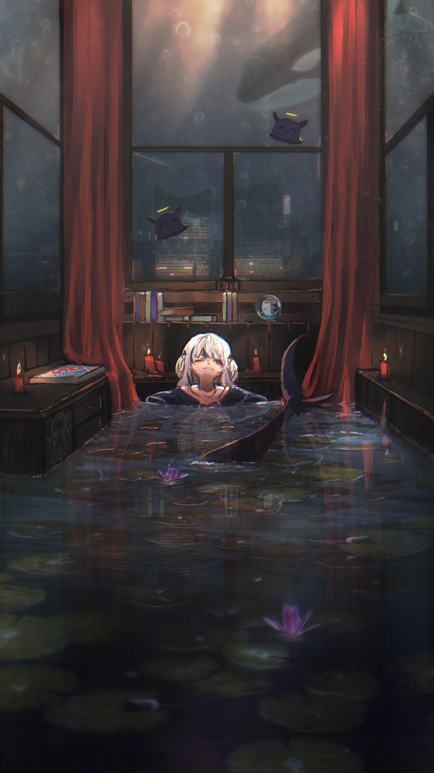 1girl absurdres bloop_(gawr_gura) blue_eyes blue_hair book candle closed_mouth domino's_pizza english_commentary fish_tail gawr_gura highres hololive hololive_english lily_pad multicolored_hair one_eye_closed orca pizza_box reflection ripples shark_tail silver_hair streaked_hair tail tako_(ninomae_ina'nis) taku_artworks virtual_youtuber water