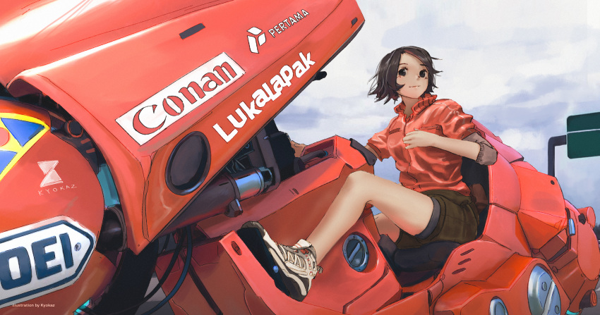 1girl akira bare_legs black_shorts brown_eyes brown_hair closed_mouth clouds cloudy_sky commentary english_commentary faiz_azhar full_body ground_vehicle highres jacket kaneda_shoutarou's_bike layered_sleeves light_smile long_sleeves looking_at_viewer motor_vehicle motorcycle original red_jacket shoes short_hair short_over_long_sleeves short_sleeves shorts sky sneakers solo white_footwear