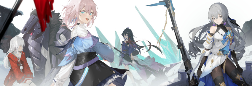 4girls :d absurdres bangs bare_shoulders black_footwear black_gloves black_skirt blue_eyes blue_jacket boots bronya_rand clara_(honkai:_star_rail) closed_mouth drill_hair earrings elbow_gloves gloves grey_eyes grey_hair highres holding holding_scythe honkai:_star_rail honkai_(series) jacket jewelry kuo_(kuo114514) leggings long_hair long_sleeves looking_at_viewer march_7th_(honkai:_star_rail) multiple_girls open_mouth pink_hair purple_hair red_jacket scythe seele_vollerei shirt skirt smile thigh-highs thigh_boots twin_drills violet_eyes white_background white_hair white_shirt