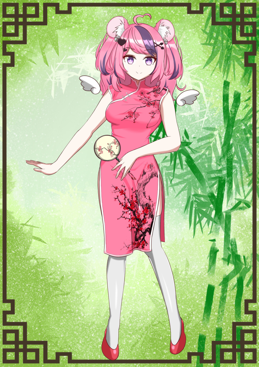 absurdres ahoge animal_ears china_dress chinese_clothes coconut_art commission commissioner_upload dress eyebrows hair_ornament hand_fan heart heart_hair_ornament highres ironmouse looking_at_viewer mouse_ears mouse_girl multicolored_hair pink_dress pink_hair red_footwear sleeveless sleeveless_dress smile solo streaked_hair thigh-highs virtual_youtuber vshojo wings