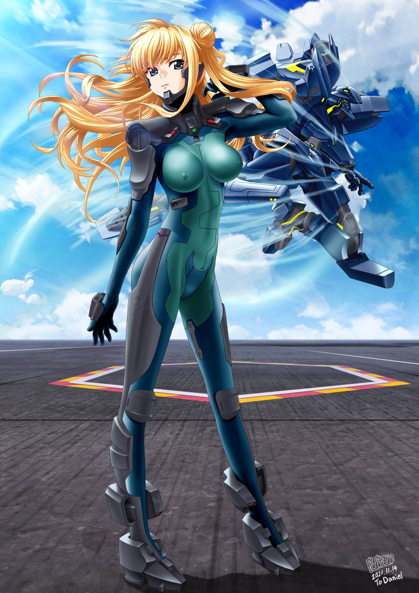 1girl absurdres clouds commentary commission covered_nipples f-18_hornet_(muvluv) floating_hair flying fortified_suit green_eyes hand_in_hair highres lilia_kjellberg long_hair mecha muvluv muvluv_alternative muvluv_unlimited:_the_day_after open_hand pilot_suit popmaru_chuui science_fiction side_bun sky standing tactical_surface_fighter visor