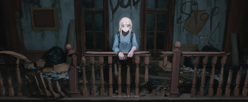 1girl absurdres artist_name backpack bag blue_eyes blue_shirt box broken closed_mouth commentary expressionless faiz_azhar highres indoors leaning_on_rail long_sleeves looking_at_viewer original pink_hair railing ruins shirt short_hair solo trash_bag wooden_railing writing_on_wall