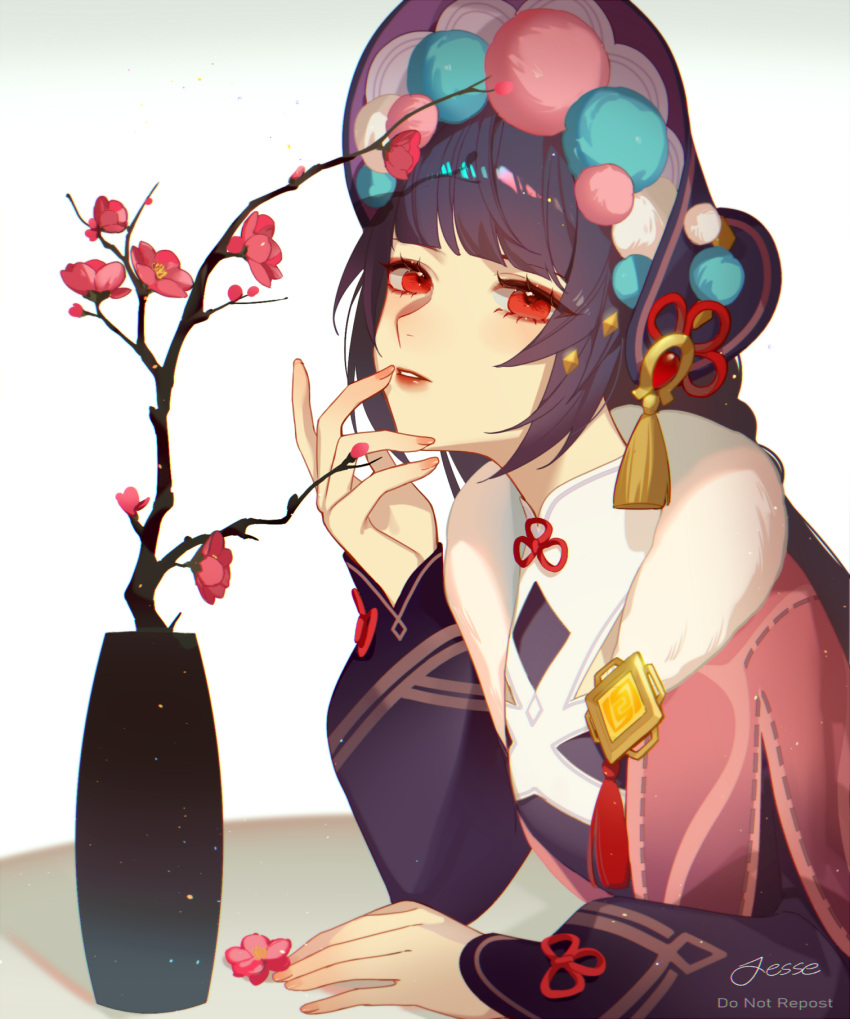 1girl artist_name bonnet branch chinese_clothes commentary flower fur_collar genshin_impact hair_ornament hand_up highres jesse_(pixiv34586727) light_particles lips long_hair looking_at_viewer parted_lips pink_flower purple_hair purple_headwear red_eyes solo tassel upper_body vase vision_(genshin_impact) white_background yunjin_(genshin_impact)