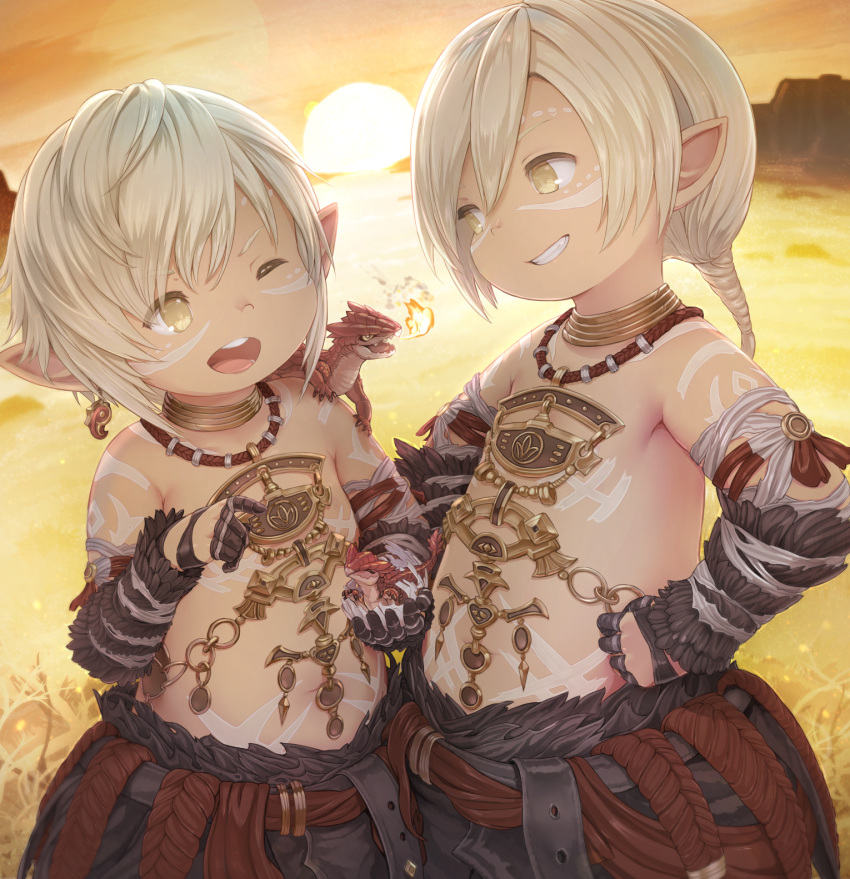 2boys avatar_(ff14) backlighting belly blonde_hair bodypaint breathing_fire dragon dragon_on_shoulder earrings ell evening facial_mark final_fantasy final_fantasy_xiv fire gloves grin half_gloves height_difference highres holding jewelry lalafell male_focus medium_hair multiple_boys one_eye_closed open_mouth outdoors pointy_ears short_hair sky smile stomach sun sunset upper_body